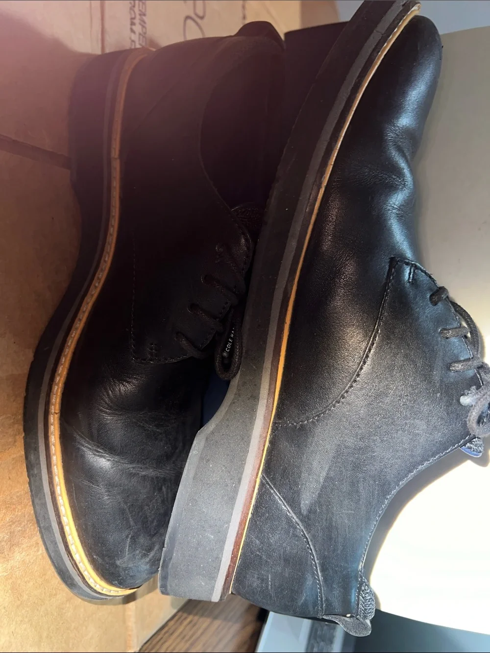 Cole Haan Black Leather Derby Shoes with Tan Welt